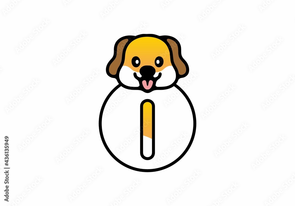 Fototapeta premium Cute dog head with I initial letter