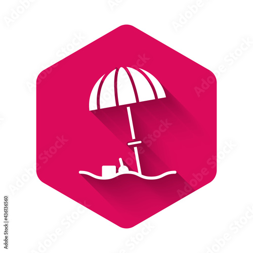 White Sun protective umbrella for beach icon isolated with long shadow. Large parasol for outdoor space. Beach umbrella. Pink hexagon button. Vector Illustration
