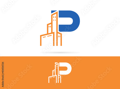 Letter P city logo design. Vector combination of  building and letter
