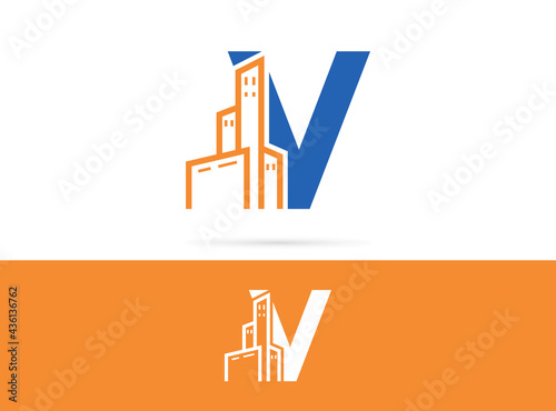 Letter V city logo design. Vector combination of  building and letter