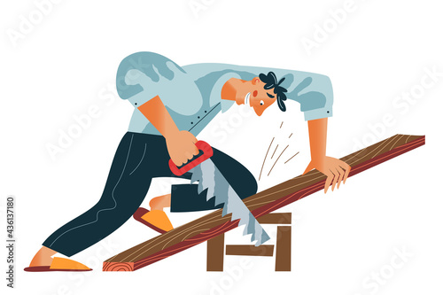 Man cutting wood with hand saw at home. Guy working or doing hobby. Weekend activities and lifestyle at house vector illustration. Male building with tool on white background