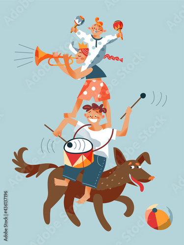Children performing and playing music instruments. Dog, boy with drums, girl on top with trumpet, baby in apartment at home vector illustration. Kids having fun on blue background