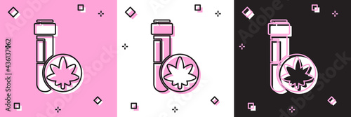 Set Chemical test tube with marijuana or cannabis leaf icon isolated on pink and white, black background. Research concept. Laboratory CBD oil. Vector Illustration