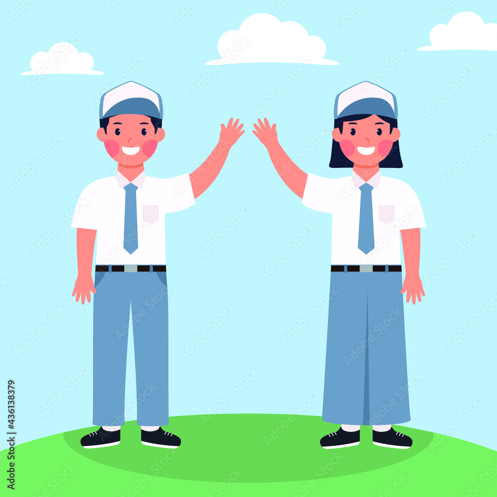 Hand drawn Indonesian senior high school boy and girl student character standing vector design Hand drawn Indonesian senior high school boy and girl student character standing vector design