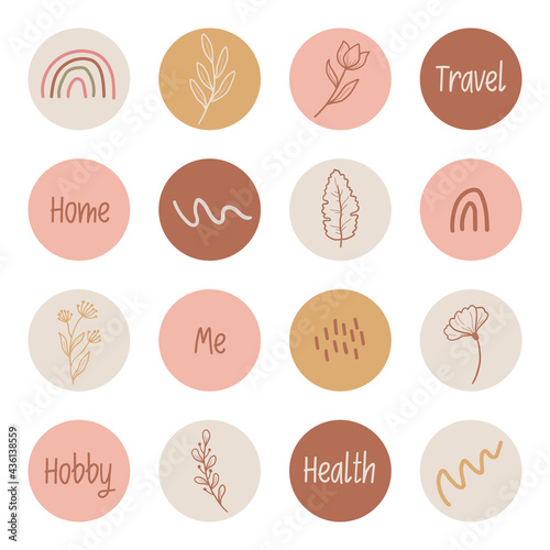 Hand drawn Instagram story highlight with minimal floral leaf, flower, branch elements. Doodle sketch style. Isolated vector illustration for logo, insta highlight, icon for blogger.