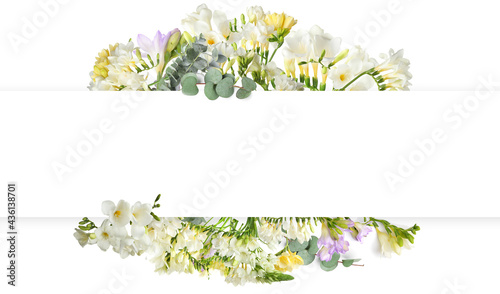 Mockup of greeting card with beautiful freesia flowers