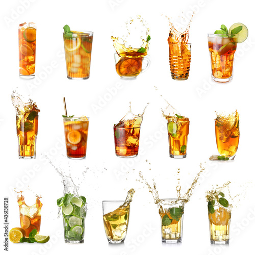 Glasses of tasty cold iced tea on white background