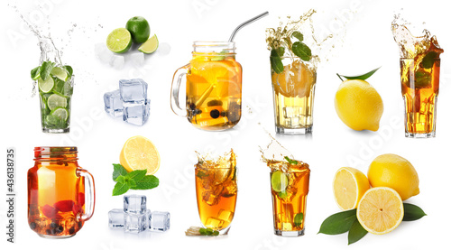 Photography Collage of tasty iced tea on white background