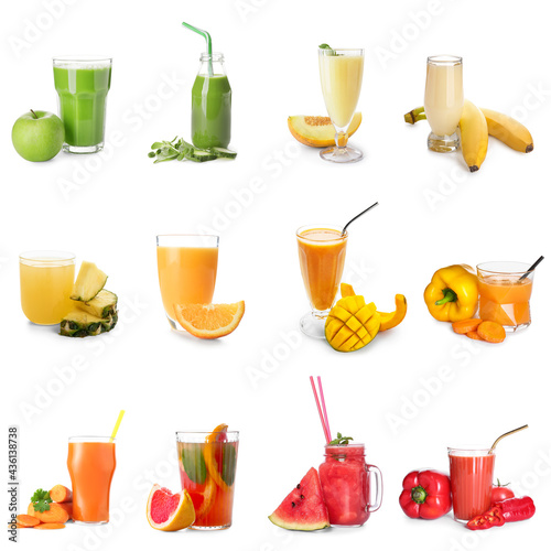Different healthy juices on white background