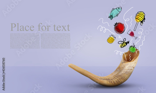 Canvastavla Shofar with symbols of Rosh hashanah (Jewish New Year) on color background with