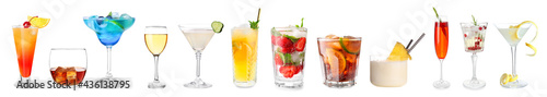 Different alcoholic cocktails on white background