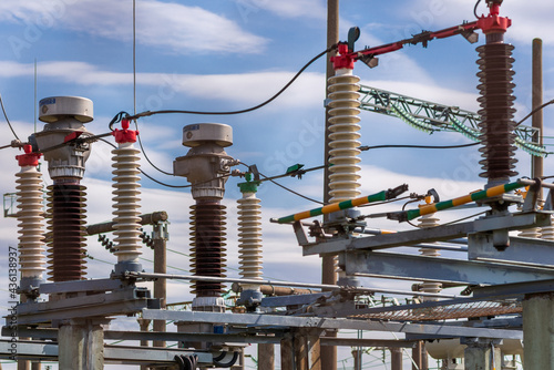 High voltage power transformer,generator electric in substation.Front view to high-voltage substation with switches.