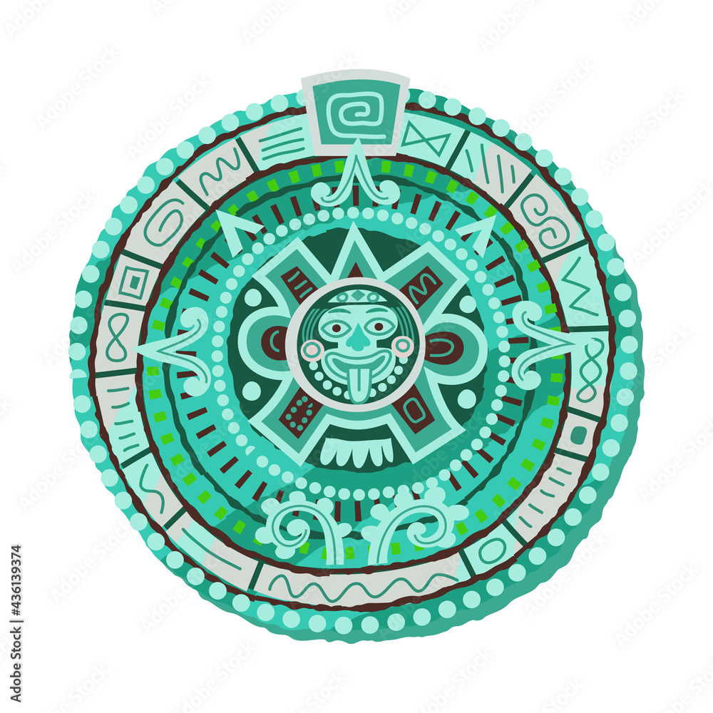 Mayan traditional calendar. Ancient civilisation icon in Mexico vector illustration. Round stone with decorative elements and signs isolated on white background. Ritual and tradition.