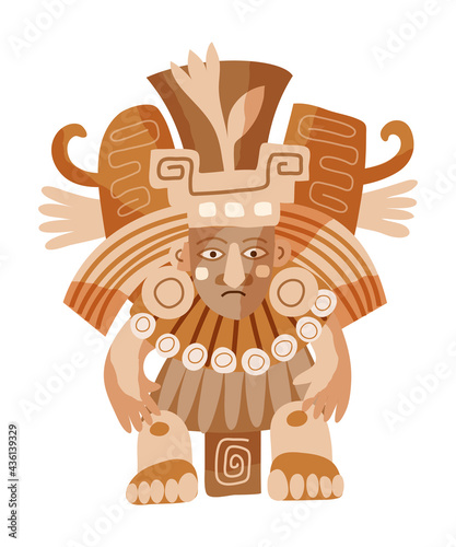 Mayan traditional statue of god or idol. Ancient civilisation icon in Mexico vector illustration. Person with decorative elements isolated on white background. Religion , ritual and tradition