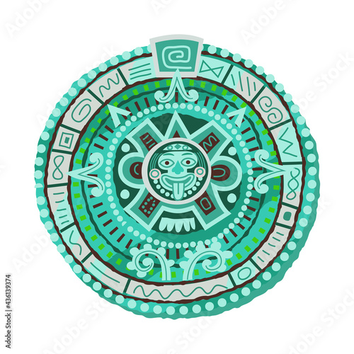 Mayan traditional calendar. Ancient civilisation icon in Mexico vector illustration. Round stone with decorative elements and signs isolated on white background. Ritual and tradition.