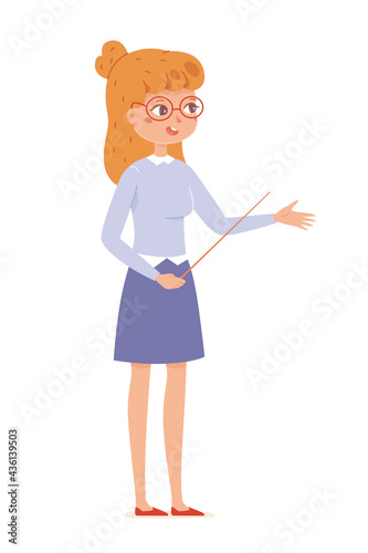 Woman teaching lesson in class with pointer. Teacher in education or museum guide vector illustration. Young woman standing, talking, pointing isolated on white background