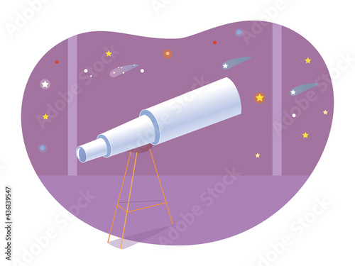 Astronomy museum with telescope background. Night sky with cosmos stars, galaxy vector illustration. School excursion or leisure activity scene. Science education wallpaper
