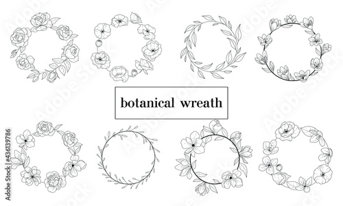 Set of floral wreaths. Botanical bouquet. Botanical flower wreath. Black and white floral illustration. Flower sketch composition