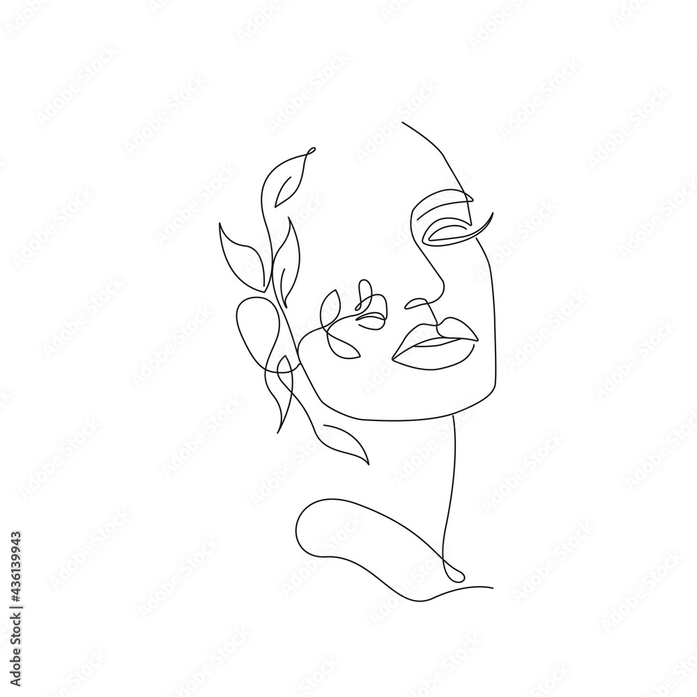 Woman Face with Flowers Line Art Drawing. Continuous One Line Drawing ...