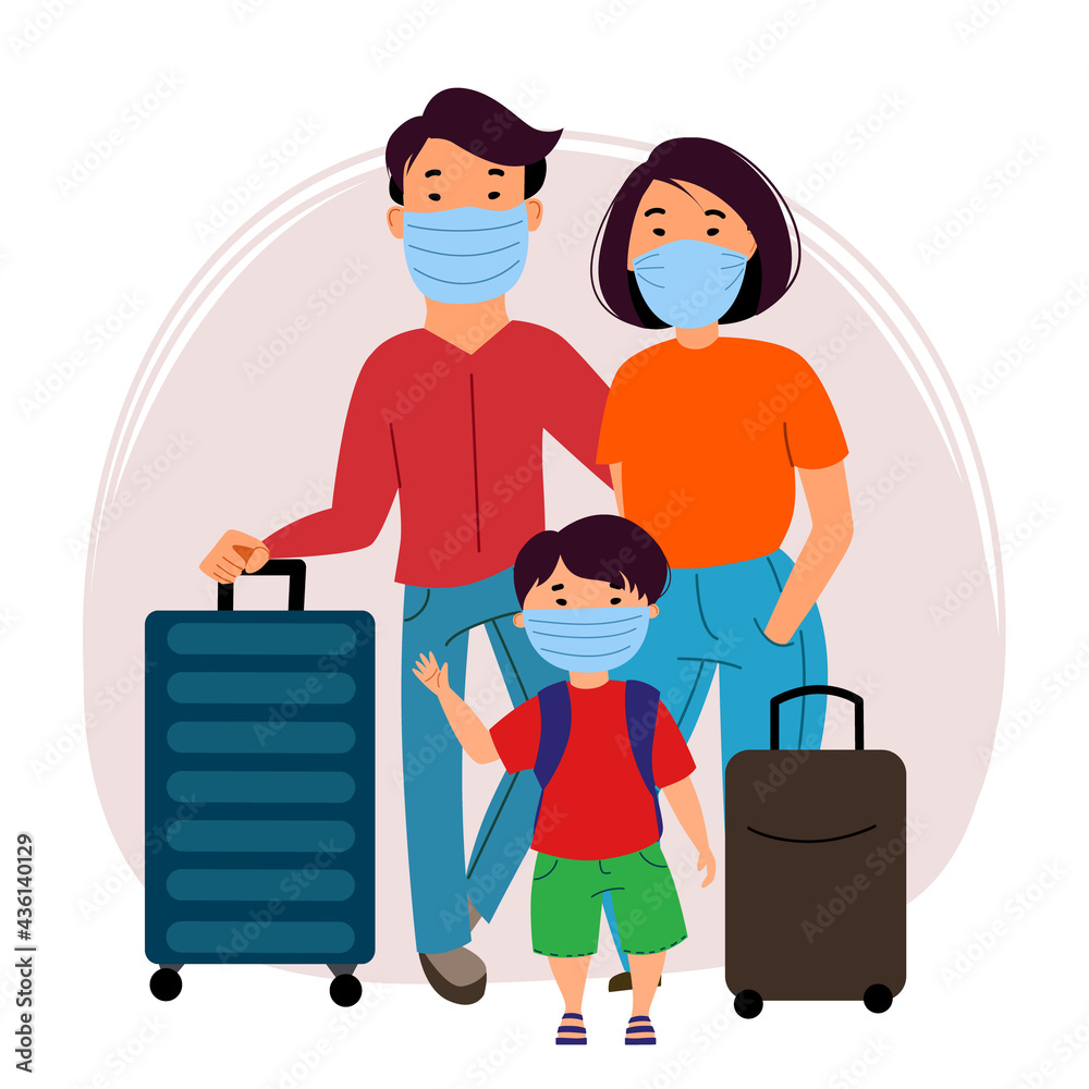 an Asian family of tourists, a man, a woman and a child, wearing masks and carrying suitcases. Prevention of coronavirus, covid-19. Travel and tourism during the pandemic. Flat vector illustration an Asian family of tourists, a man, a woman and a child, wearing masks and carrying suitcases. Prevention of coronavirus, covid-19. Travel and tourism during the pandemic. Flat vector illustration