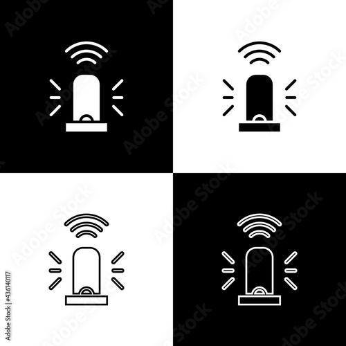 Set Smart flasher siren system icon isolated on black and white background. Emergency flashing siren. Internet of things concept with wireless connection. Vector