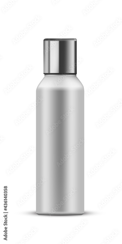 Beauty container glass bottle with cap for hair gel, balsam or body lotion. Realistic package vector illustration. Mock up template packaging of cosmetic product on white background