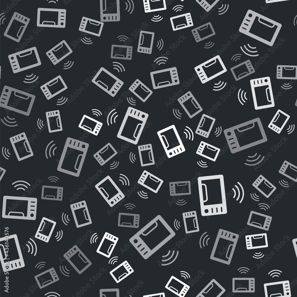 Grey Smart microwave oven system icon isolated seamless pattern on black background. Home appliances icon. Internet of things concept with wireless connection. Vector