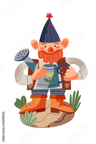 Garden gnome with watering can. Funny little dwarf statue vector illustration. Male midget in blue hat and ginger beard standing and smiling with garden equipment in hand on white background