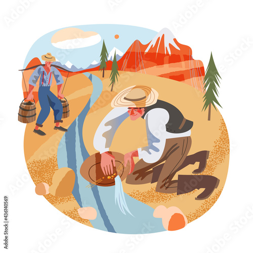 Diggers washing gold in Golden Rush times. Young prospectors searching diamond nuggets using tools and water equipment vector illustration. Western men with buckets in nature