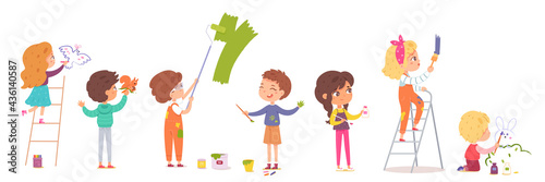 Kids painting wall set. Little children doing creative art with paints, colours, pencils, brushes vector illustration. Group of happy girls and boys drawing on white background