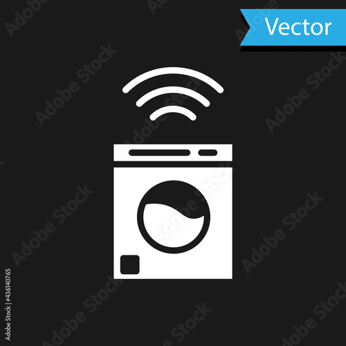 White Smart washer system icon isolated on black background. Washing machine icon. Internet of things concept with wireless connection. Vector