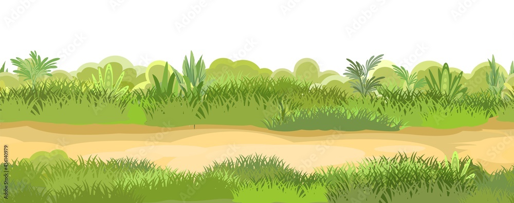 Obraz premium Rural road to Green Glade. Summer meadow. Trail. Juicy grass close up. Grassland. Country trip. Isolated. Cartoon style. Flat design. Seamless illustration vector art