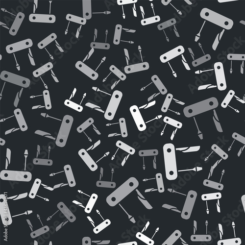 Grey Swiss army knife icon isolated seamless pattern on black background. Multi-tool, multipurpose penknife. Multifunctional tool. Vector