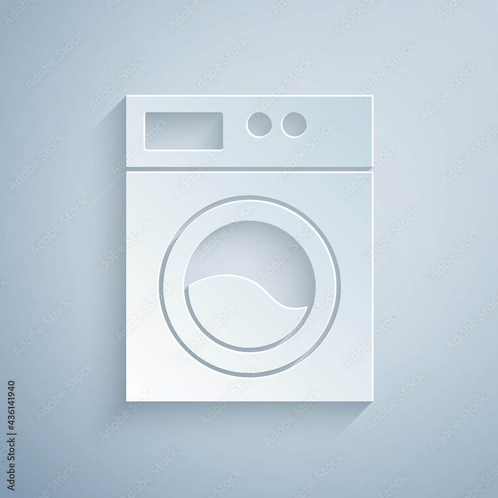 Paper cut Washer icon isolated on grey background. Washing machine icon. Clothes washer - laundry machine. Home appliance symbol. Paper art style. Vector Paper cut Washer icon isolated on grey background. Washing machine icon. Clothes washer - laundry machine. Home appliance symbol. Paper art style. Vector