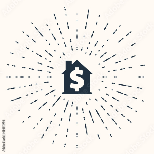 Grey House with dollar symbol icon isolated on beige background. Home and money. Real estate concept. Abstract circle random dots. Vector