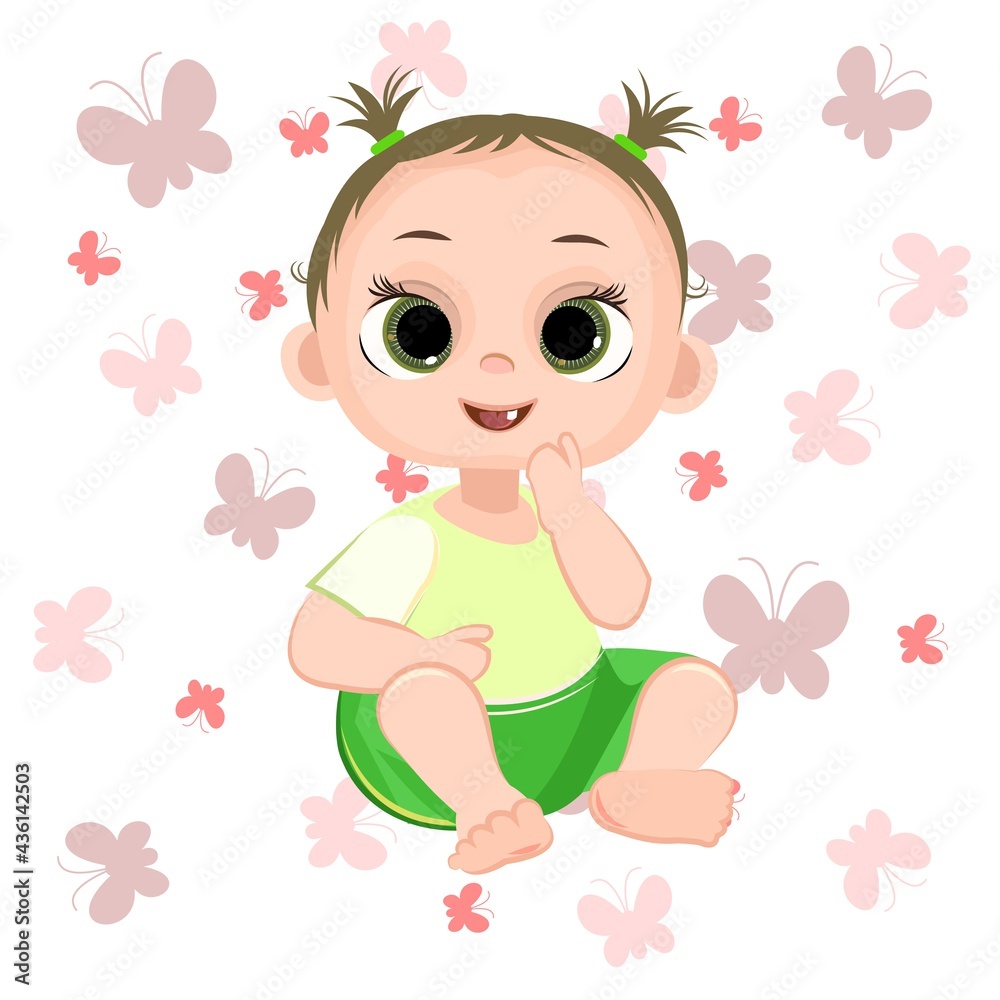 Little child. Girl. Sits playing indulges. Isolated object on a white background. Cheerful kind funny. Cartoons flat style. Preschool age. Childhood Vector.