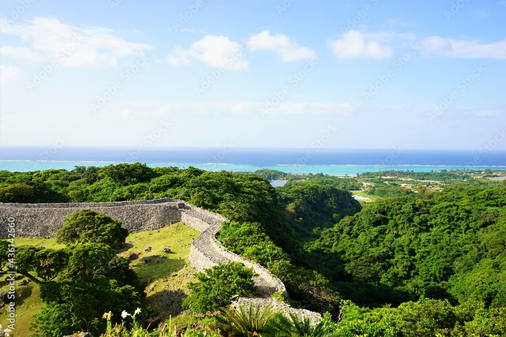 Aerial view of Nakijinjo castle ruins and the stone wall in Okinawa, Japan - 日本 沖縄 今帰仁城跡 城壁
