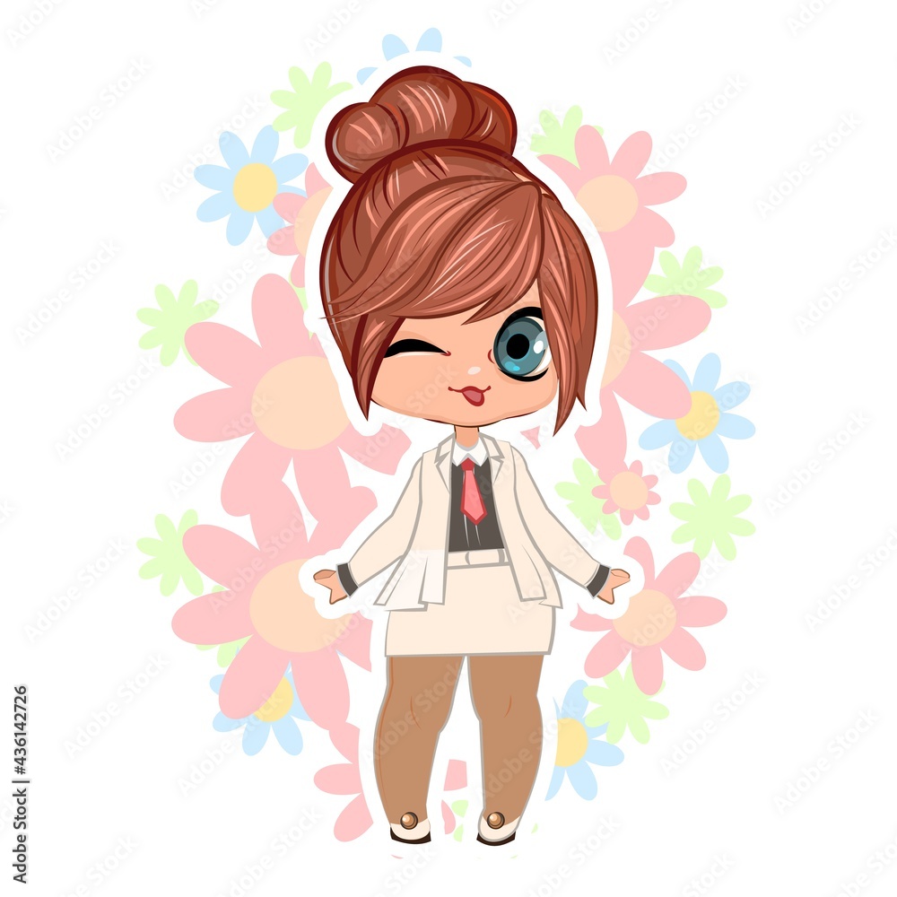 Little girl in a business suit and tie. Handsome fashionable child. The isolated object on a white background. Vector illustration