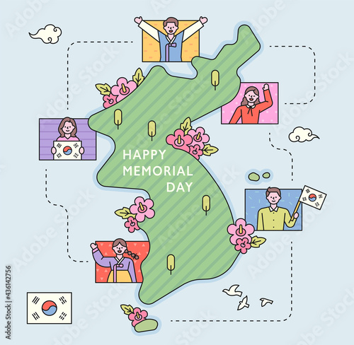 Map of Korea and people who are doing independence movements in various regions. flat design style minimal vector illustration.