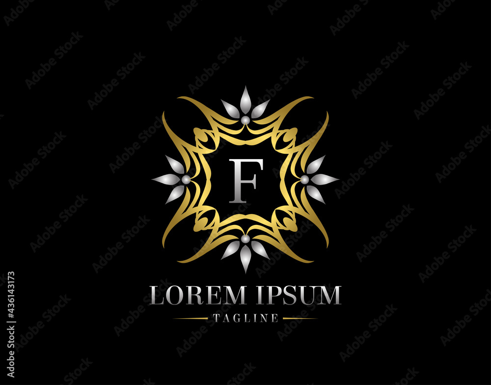  Letter F Golden Luxury Badge Logo Design. Graceful Ornate Icon Vector Design.