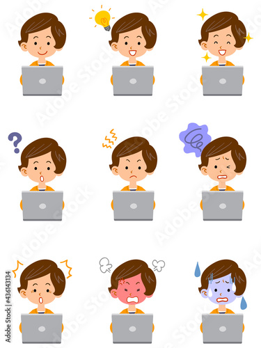 ノートパソコンを操作する女性の表情のイラストセット  © haru_natsu_kobo