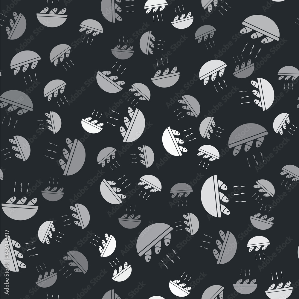 Naklejka premium Grey Fish soup icon isolated seamless pattern on black background. Vector.