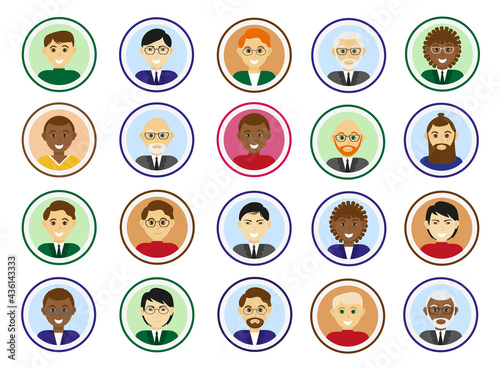 Set of male avatars. Different races men faces in round frames on colorful backgrounds. Isolated flat vector illustrations collection.