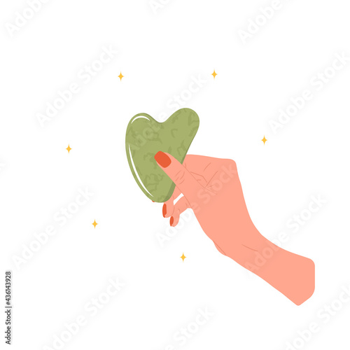 Gua sha scraper for facial massage. Female hand holding natural green nephrite stone. Trendy beauty treatment. Skin care equipment for SPA. Vector illustration in flat cartoon style.