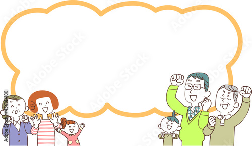 男女で向き合った楽しそうな三世代家族の上半身と吹き出し
