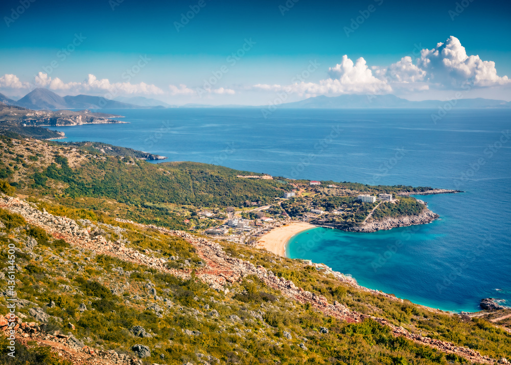 Aeril spring view of Jale Baech. Wonderful morning scene of Albania, Europe. Picturesque summer seascape of Adriatic sea. Traveling concept background..