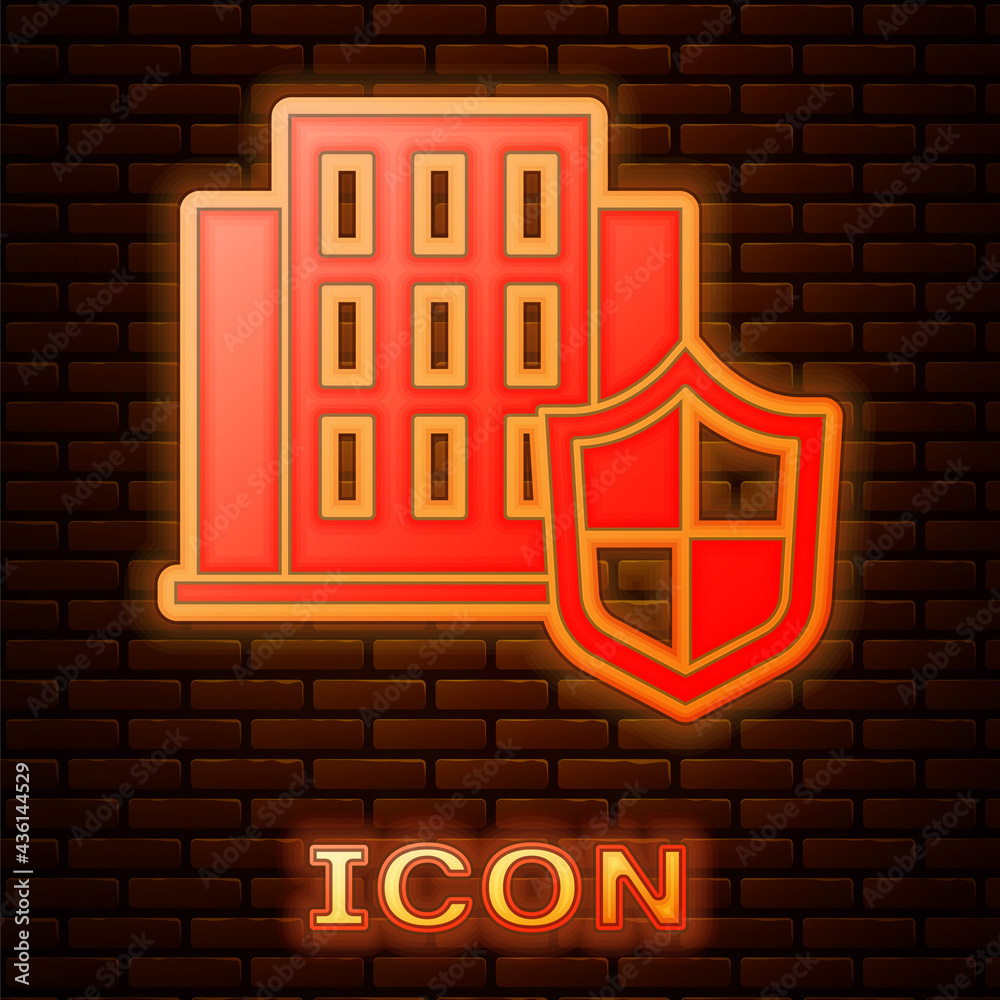 Glowing neon House with shield icon isolated on brick wall background. Insurance concept. Security, safety, protection, protect concept. Vector.