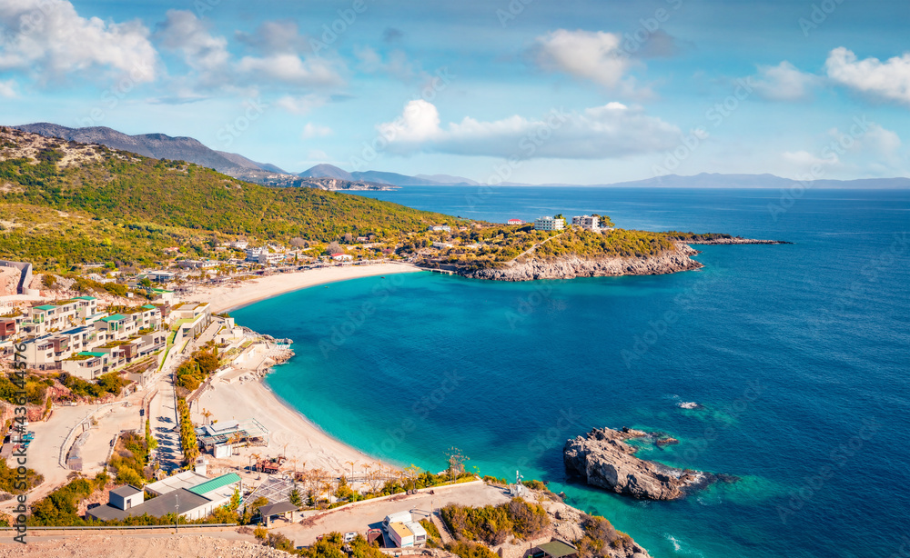 Fototapeta premium Aerial morning view of Jale Baech. Spectacular spring scene of Albania, Europe. Colorful seascape of Adriatic sea. Traveling concept background.