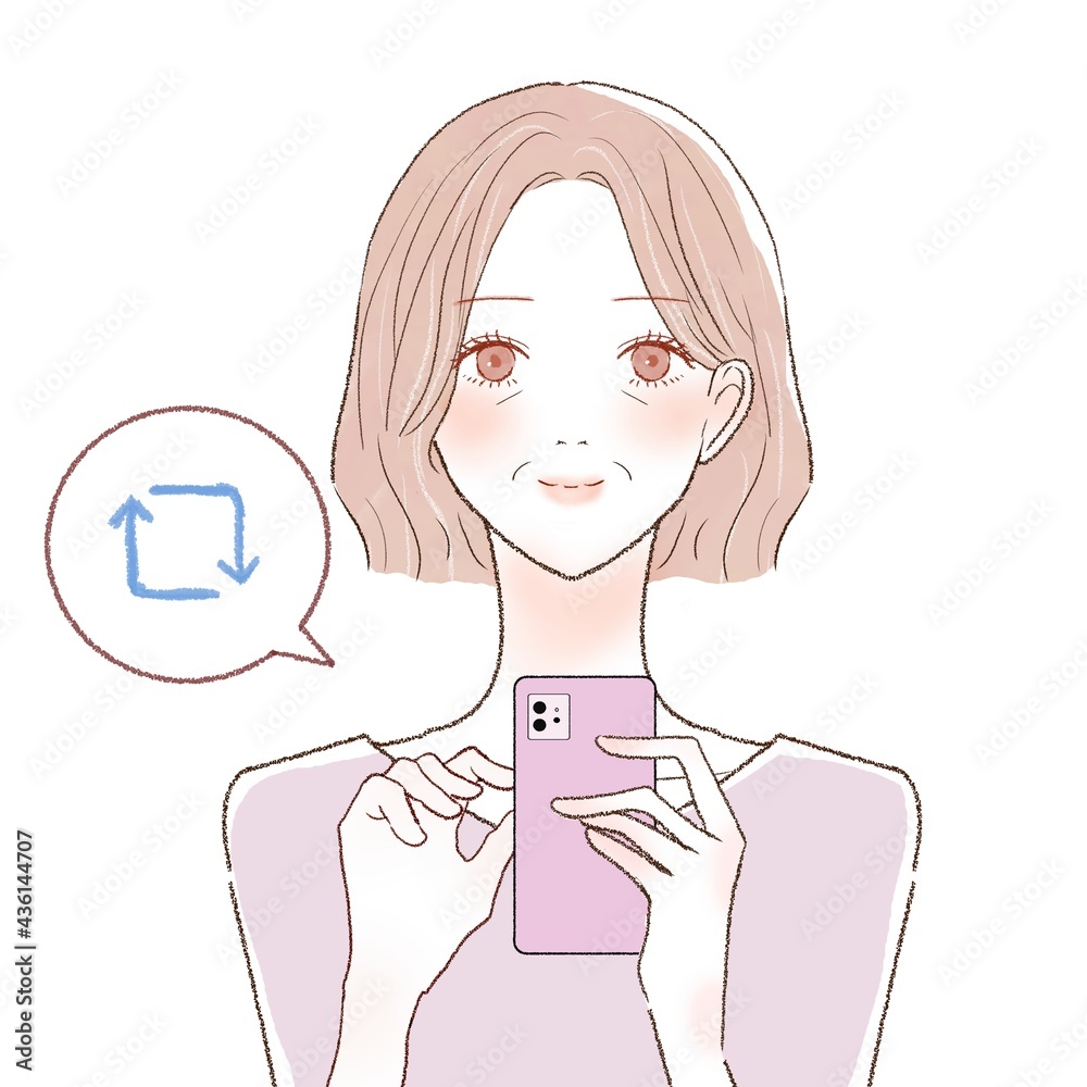 スマホでリツーイトをする中年女性