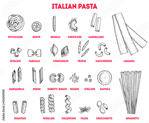 Different types of pasta set. Hand drawn sketch. Vintage vector illustration.